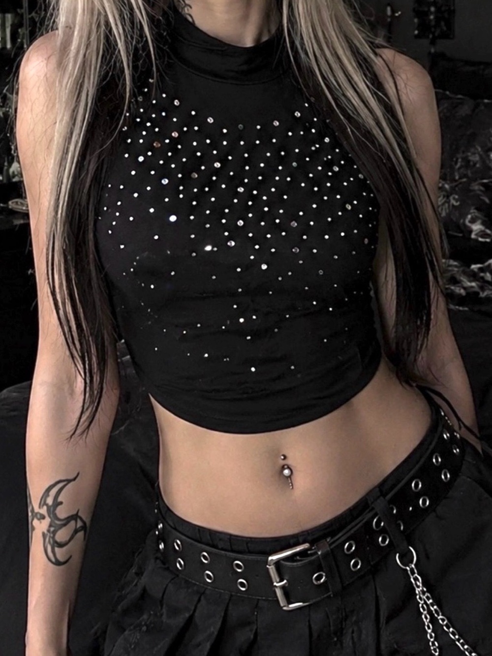 Gothic Sleeveless Mock Neck Top with Crystal Embellishments- Black
